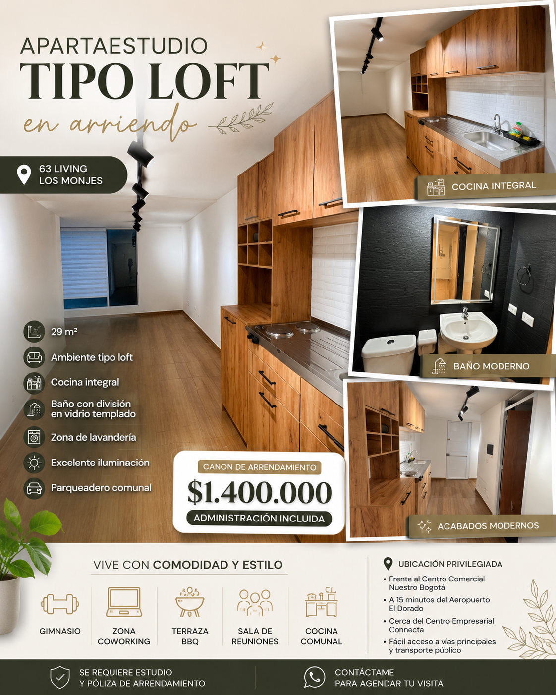 APARTAESTUDIO TIPO LOFT EN ARRIENDO – 63 LIVING LO