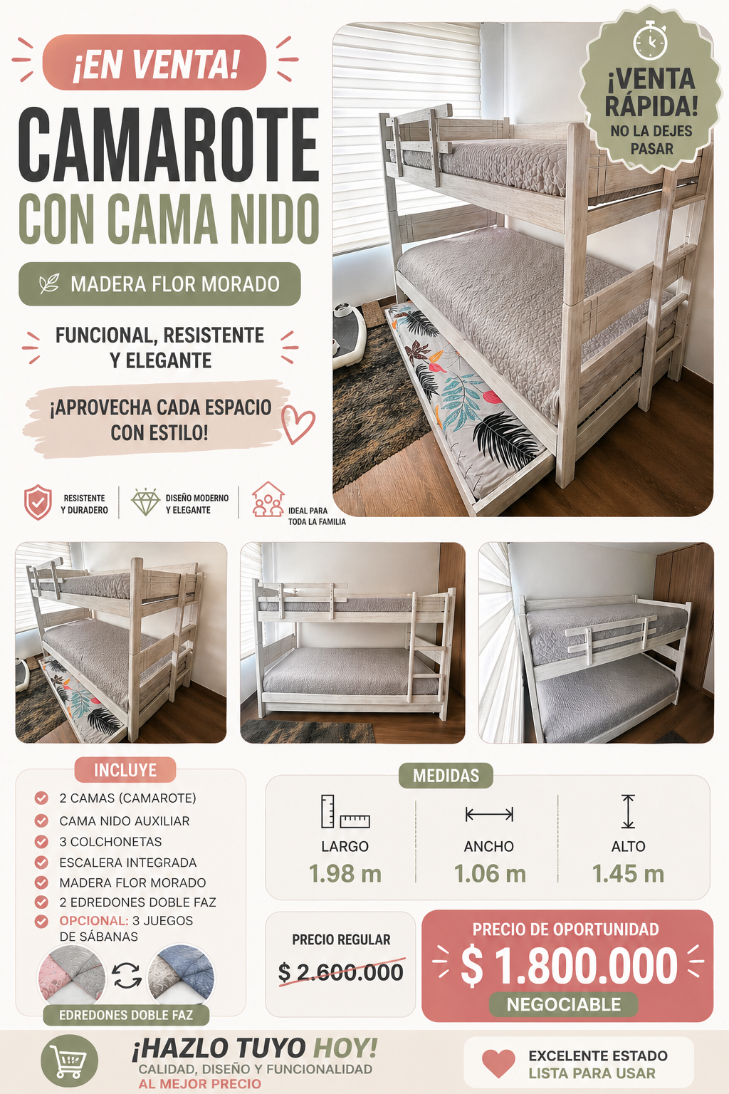 Camarote con cama nido auxiliar