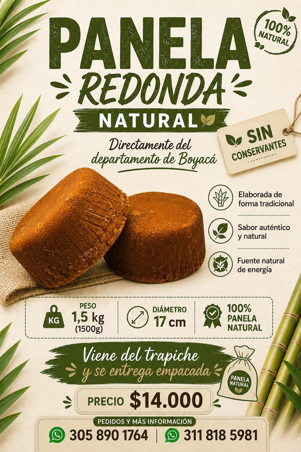 Panela redonda de 1.5kg sin conservantes 100% Caña