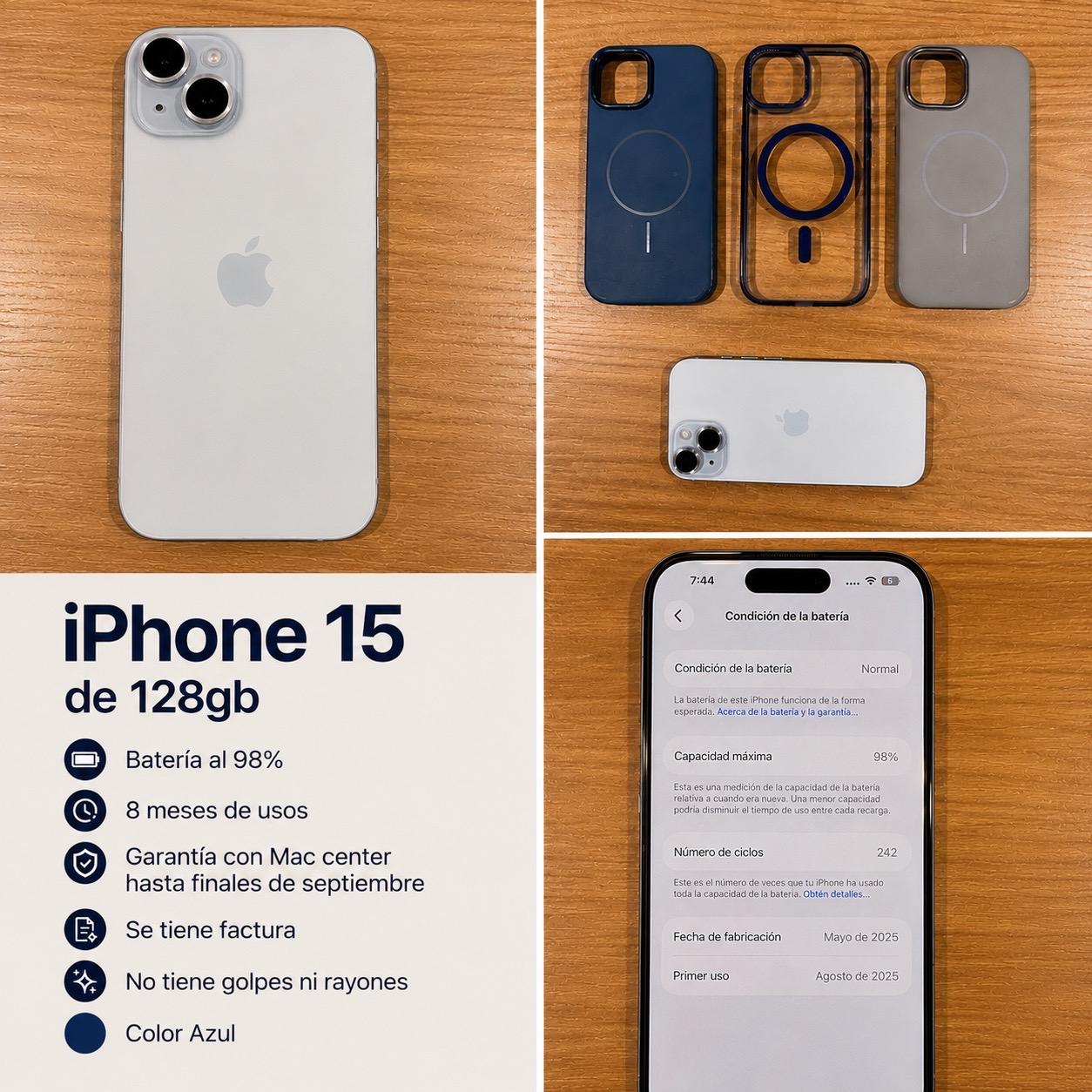 Vendo Iphone 15 128 gb Azul - 8 meses de uso.